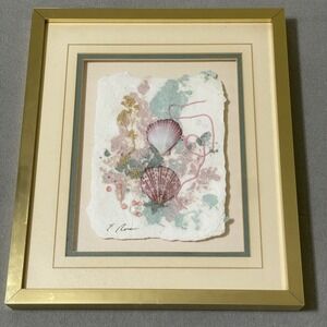 E. Rose Mixed Media Cast Paper Beach Shells Professionally Framed Gold Art